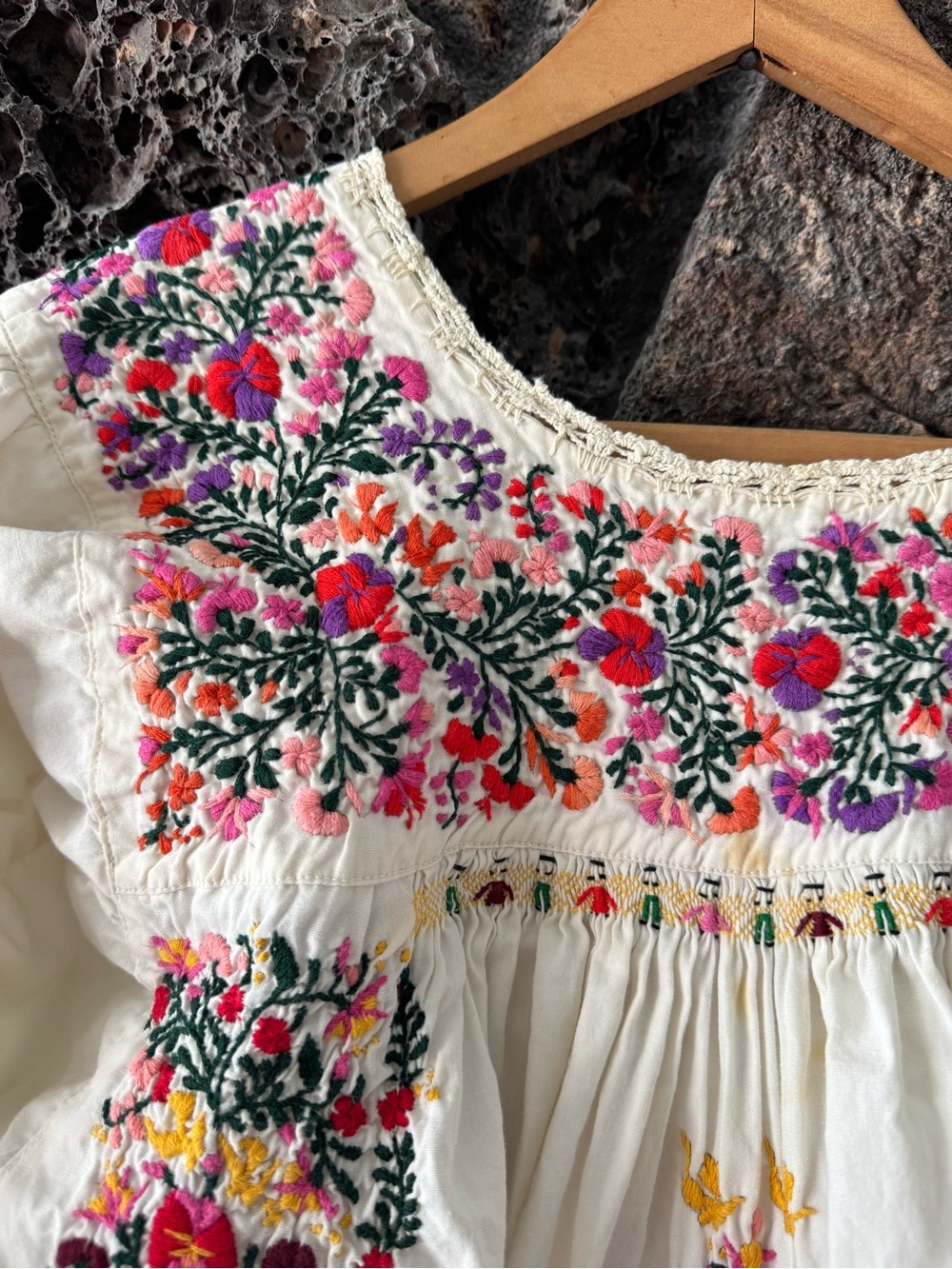 Vintage 60s 70s Cotton Oaxacan Maxi Dress w/ Colorful Floral Hand-Embroidery Med - Picture 9 of 16